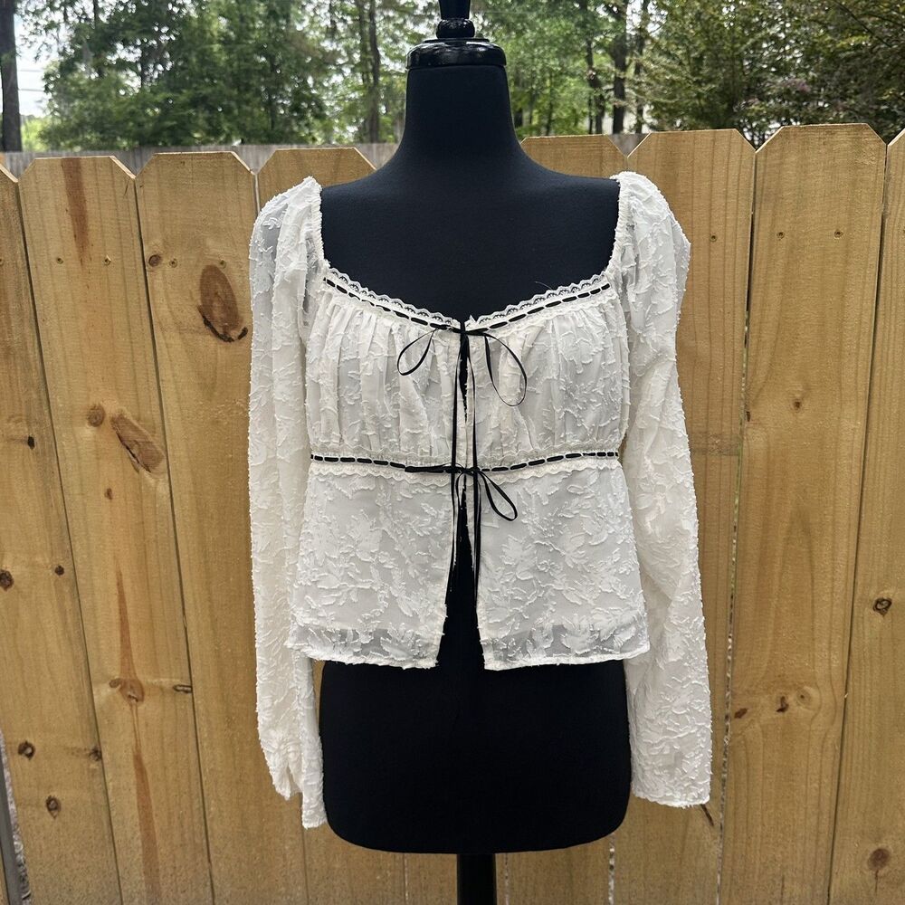 NWT Altar'D State XL Cream Open Front Black Ties Layken Lace Top Blouse